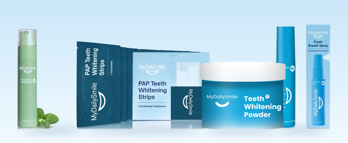 MyDailySmile range: whitening powder, whitening strips, fresh breath spray and fresh mint toothpaste