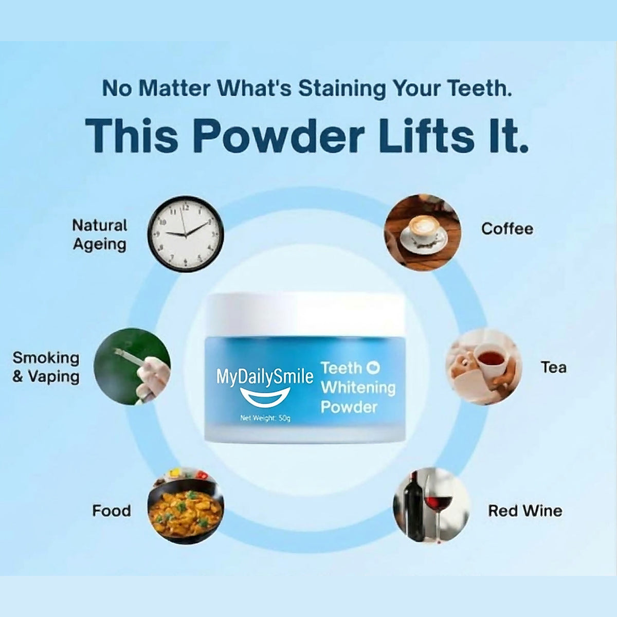 Lifts stains from ageing, coffee, tea, red wine, food, smoking and vaping